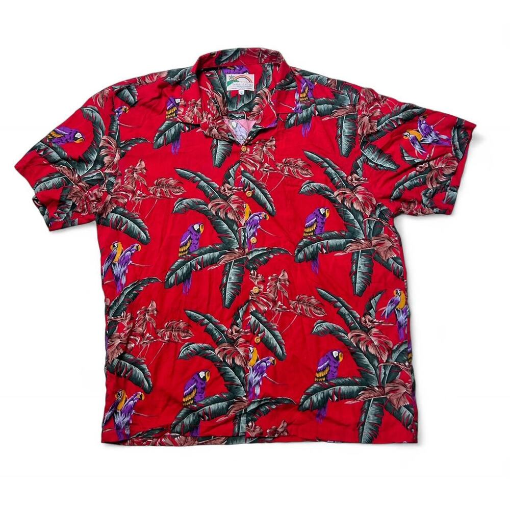 Paradise Found Vintage Tom Selleck Magnum PI Red Parrot Hawaiian Button Shirt L